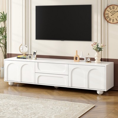 Spassway White TV Stand with Rebound Device Storage Cabinet with 2 Drawers Entertainment Center with Arched Doors for TVs up to 75"