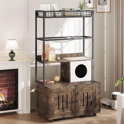 Cat Litter Box with Storage Shelves, 60 Inches Tall Hidden Litter Box, Cat Litterbox Furniture with Storage Rack, Hammock