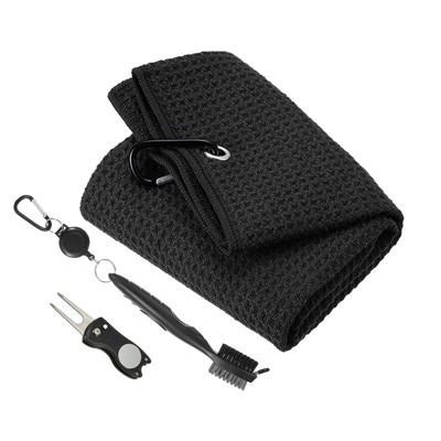 Unique Bargains Waffle Tri-fold Golf Towel with Club Groove Cleaning Brush and Foldable Divot