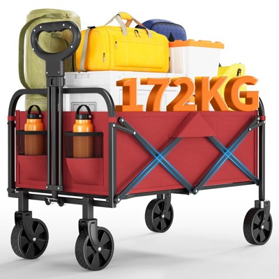 Heavy Duty Collapsible Wagon Cart, 380Lb Capacity Foldable Utility Wagon with 5" All-Terrain Wheels & Drink Holders for Grocery Shopping