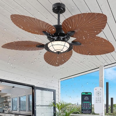 Kviflon 52" Waterproof Outdoor Palm Leaf Ceiling Fans with Lights and Remote,Wet Rated Tropical Ceiling Fans for Patios Porch Gazebo Pergola