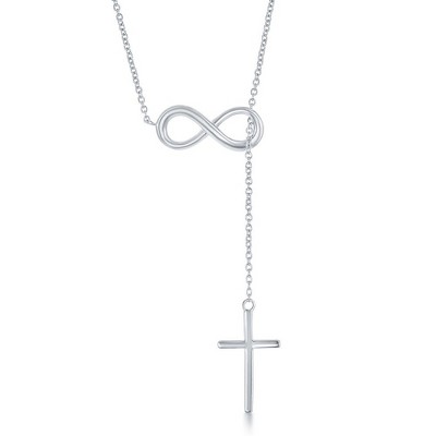 Bella Silver Sterling Silver Center Infinity with Hanging Chain and Cross Necklace - Available Colors: Silver, Gold, Rose. Size 16+2"