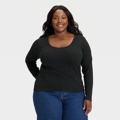 Women's Slim Fit Long Sleeve Scoop Neck Ribbed T-Shirt - Universal Thread™