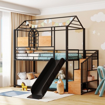 Twin Over Twin House Bunk Bed with Slide, Metal Frame and Storage Staircase, Playhouse Design with Shelf
