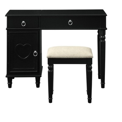 TiramisuBest Bedroom Vanity Set w Stool Open Up Mirror Storage Space Drawers Rubber wood Ring Pull Handles Black Color Vanity with Black