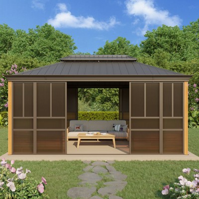 EROMMY 16 Ft. W X 12 Ft. D Outdoor Hardtop Gazebo, Double Top Galvanized Steel Roof Aluminum Sunroom