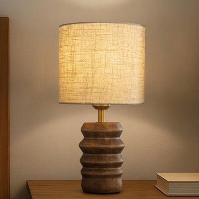 ALOADECOR 15'' Japandi Solid Wood Base Table Lamp Modern Classic Nightstand Lamp with Beige Fabric Shade for Bedside Foyer Dining Room