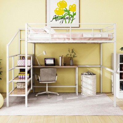 Space-Saving Full Size Loft Bed: Desk and Lateral Ladder Storage