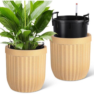 31" Marble Finish Self-Watering Planters Set of 2, Water Level Monitor, Ideal for Living Room, Office, Patio, Porch, and Garden, Black