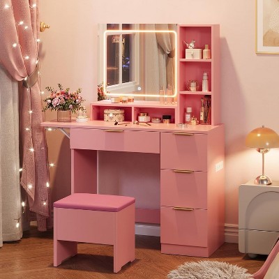 Pink Vanity Desk With Mirror and Lights, Makeup Vanity Dressing Table With 3 Color Modes LED Lighted Mirror