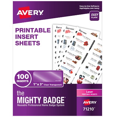 The Mighty Badge by Avery Printable Insert Sheets, 1" x 3" ID Badges, 100 Clear Inserts (5 Sheets) for Laser Printers (71210)