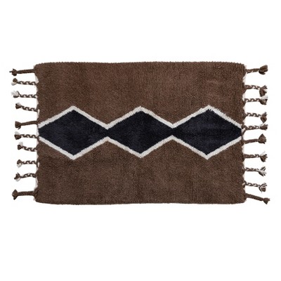 Storied Home Cotton and Wool Blend Rug with Pattern and Braided Tassels, Brown, Black, and Cream