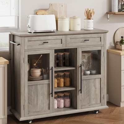 Mobile Kitchen Island, Rolling Kitchen Cart On Wheels With Widen Drop Leaf Top, With 2 Glass Doors, Spice Rack, Towel Holder, Can Storage & Towel Bar
