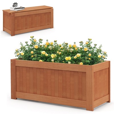 Tangkula Hardwood Outdoor Planter Box w/ Seat 2-in-1 Wooden Raised Garden Bed & Bench