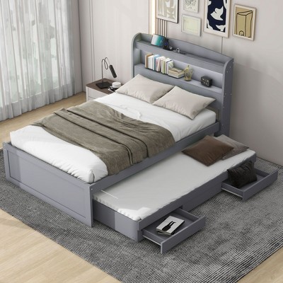 Twin XL Size Platform Bed Frame with Storage LED Headboard, Charging Station, Twin Size Trundle and 2 Drawers - ModernLuxe