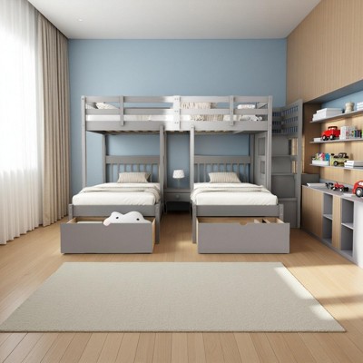 Merax Full Over Twin & Twin Triple Bunk Bed with Storage Stairs