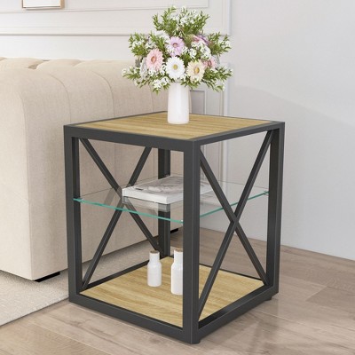 CAVINAS Industrial Style Spliced Design Coffee Table with Tempered Glass Top,Rustic Tea table Center Table for Living Room,Bedroom