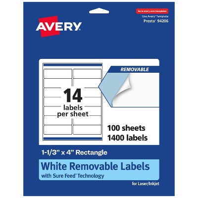 Avery Matte White Removable Rectangle Labels with Sure Feed Technology, 1-1/3" x 4"