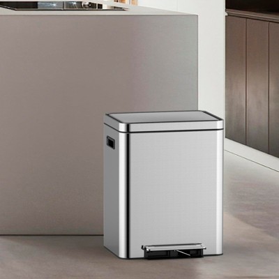 Dual Trash Can, Rectangular Waste Basket with Metal Lid & Step Foot Pedal