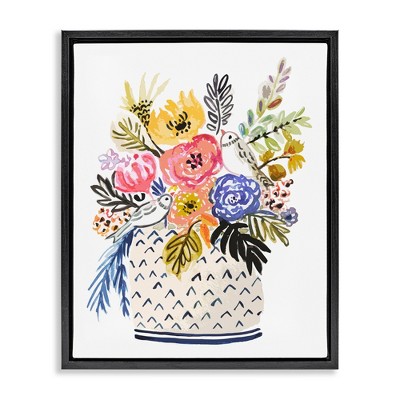 Stupell Industries Birds Perched Fun Floral Blossoms Floating Frame Canvas Art