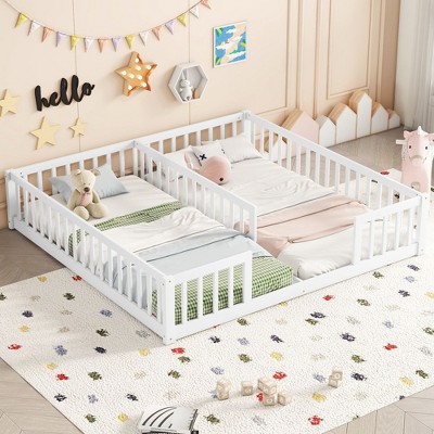 Kumasinova Double Twin Size Floor Beds,Perfect for Twins,Montessori Floor Bed with Guardrails,No Slats,Natural Pine Wood Kids Bed,200lbs Max