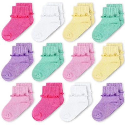 Cozyway Baby-Girls Socks 12 Pack Ruffle Ripple Edge Turn Cuff Ankle Socks Toddlers Infants, Solid Multicolored, 3-5T