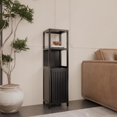 GDFStudio Berton Modern 52" Bamboo Linen Tower Storage Cabinet with Shelves and Door