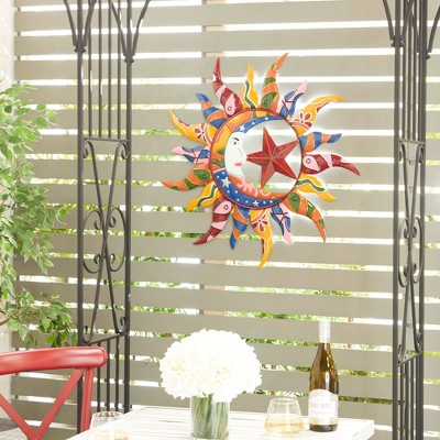Metal Sun and Moon Indoor Outdoor Wall Decor with Abstract Patterns Green - Olivia & May: Iron Artwork, Vertical Display