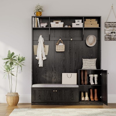78.7" Tall Hall Tree with Bench and Shoe Storage, Modern Wood Entryway Bench with Coat Rack, 4 Hanging Hooks, 3 Open Compartments for Hallway, Black