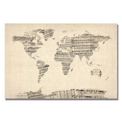 22" x 32" Old Sheet Music World Map by Michael Tompsett - Trademark Fine Art: Gallery Wrapped Canvas Art