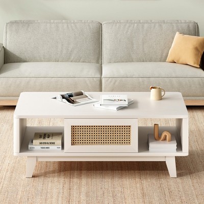 Wood Mid-Century Square Coffee Table with Rattan Drawer, Solid Wood Legs, and Spacious Storage