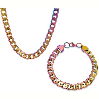 Steeltime24" and 8"  Men's multi colored ip stainless stseel cuban link set