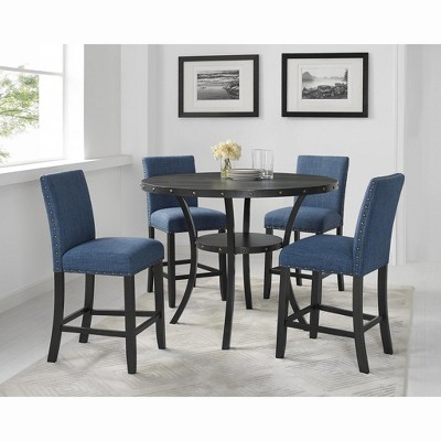 Roundhill Furniture Biony Espresso Wood Counter Height Dining Set with Blue Fabric Nailhead Stools