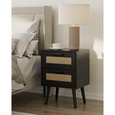 Rattan Night Stand, Modern nightstand Boho Bedside Table with 2 Drawer,Small End Side Table for Bedroom
