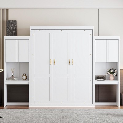 TIRAMISUBEST Queen Size Murphy Bed with Desk and Vanity, All-in-One Design Folding Bed Frame with Storage Cabinets