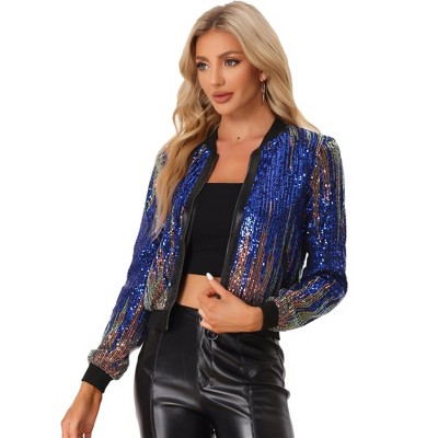 INSPIRE CHIC Women's Sequin Long Sleeve Zipper Front Sparkle Bomber Jackets
