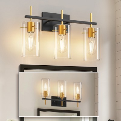 DORESshop 3-Head Black and Gold Vanity Light with Pierced Glass Shades, Through-Head Design, E26 Sockets