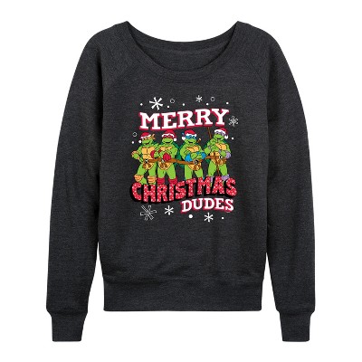 Women's - Teenage Mutant Ninja Turtles - Merry Christmas Dude Lightweight French Terry Wide Neck Long Sleeve Graphic Shirt