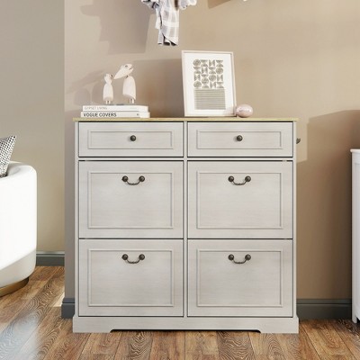 AndMakers 39.37 in. H x 41.3 in. W Antique White Shoe Cabinet with 2 Drawers and 4 Flip Drawers
