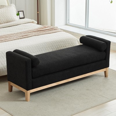 Hrinhom 66.3"W Boucle Upholstered Bedroom Bench With Pillows for Entryway,Living Room,Natural Legs