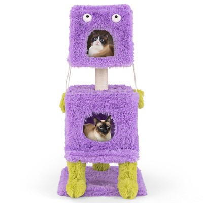 Tangkula Cat Tree Cute Monster-Themed Cat Tower w/ 2 Private Condos & Soft Long Plush