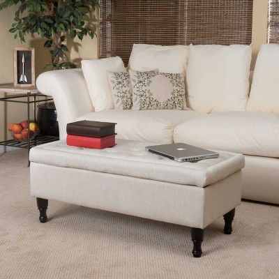 CAVINAS Linen Fabric Storage Ottoman Bench with Tufted Top,Upholstered Storage Ottoman,Storage Bench for Living Room,Bedroom