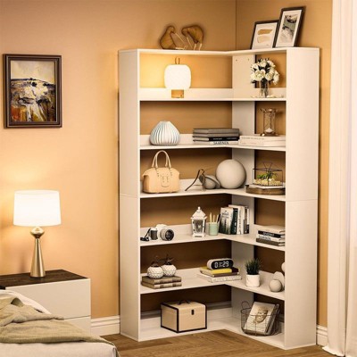 Coolmee 6 Tier Industrial Corner Bookshelf,  L Shaped Bookcase with Baffles and Shelves, Large Storage Display Unit for Living Room, Home Office