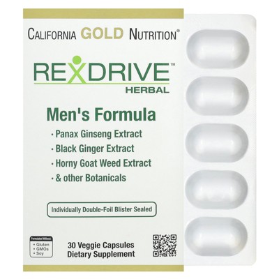 California Gold Nutrition Rexdrive™ Men's Herbal Performance Formula with Panax Ginseng, Black Ginger, and Horny Goat Weed Extracts plus Botanical