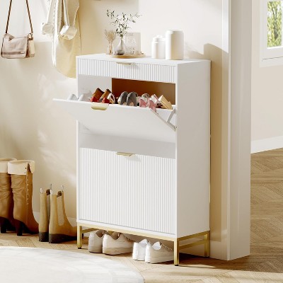 2 Flip Drawers with Drawer, Narrow Shoe Storage Organizer, Freestanding Hidden Shoe Rack Cabinet