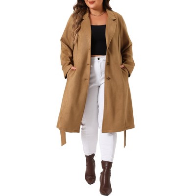 Agnes Orinda Women's Plus Size Faux Suede Notched Lapel Long Sleeve Pocket Long Trench Overcoats