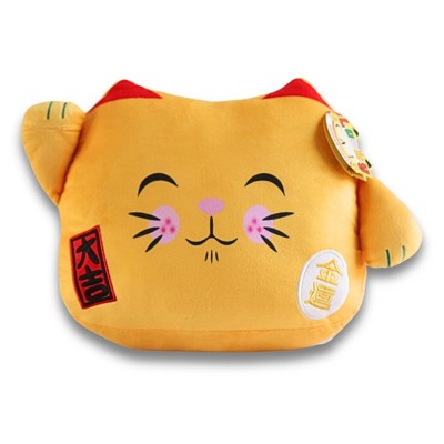 Maneki Neko Printed Cushion Soft Velboa 12 inch / 30cm x 31cm Gold Closed Eye