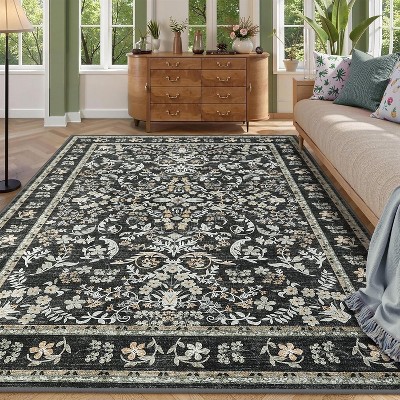 Washable Area Rug, Boho Floral Low Pile Carpet, Soft Non-Slip Rug for Living Room, Bedroom, Dining Room, Nursery, Hallway