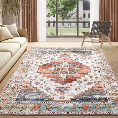 Washable Boho Rugs for Living Room Bedroom, Soft Vintage Distressed Large Area Rug Non Slip Low Pile Floor Carpet