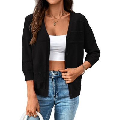 Womens Lightweight Summer Cropped Cardigan 3/4 Sleeve Button up Thin Bolero Crochet Knit Shrug Sweater
